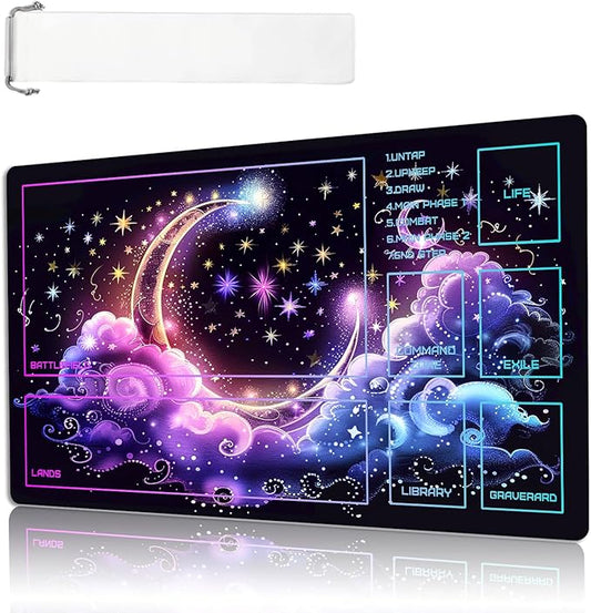 MTG Playmat Size 23.6x13.8in with Storage Bags Portable Playmat TCG and Board Game Mat for Cards Rubber Base Slip-Resistant Mousepad Desk Mat (Pink Cloudy Moon,with Zone)
