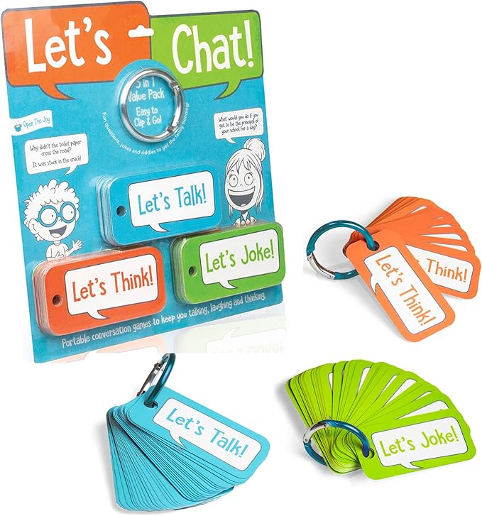 Open The Joy Let’s Chat 3-in-1 Conversation Starters Cards for Kids - Grab and Go Travel Card Games for Car, Airplanes - Talk, Think, Joke Cards - Ages 4+