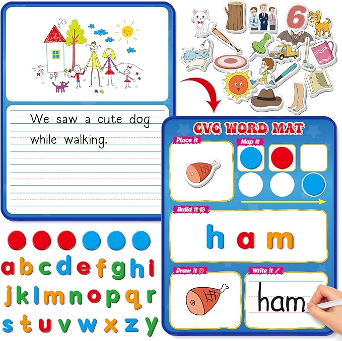 CVC Word Games,Phonics Games,Magnetic Letters & Dry Erase Board,Refrigerator Fridge Alphabet ABC Magnets for Kids Toddlers,Elkonin Box,Speech Therapy,Spelling Reading Manipulative Classroom