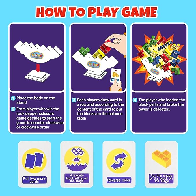 Tetra Stack Tower Attack Game - 48PCS Building Blocks Balance Game, Board Games for Family Night, Team Tower Game 2+ Players Balance Stacking Toy, Fun Tower Game - Kids & Adults