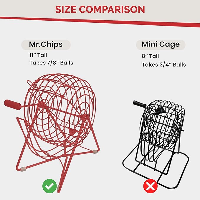 MR CHIPS 11" (Inch) Tall Professional Bingo Set with Steel Cage, Everlasting 7/8” Balls, Master Board for Balls - Lucky Red Color