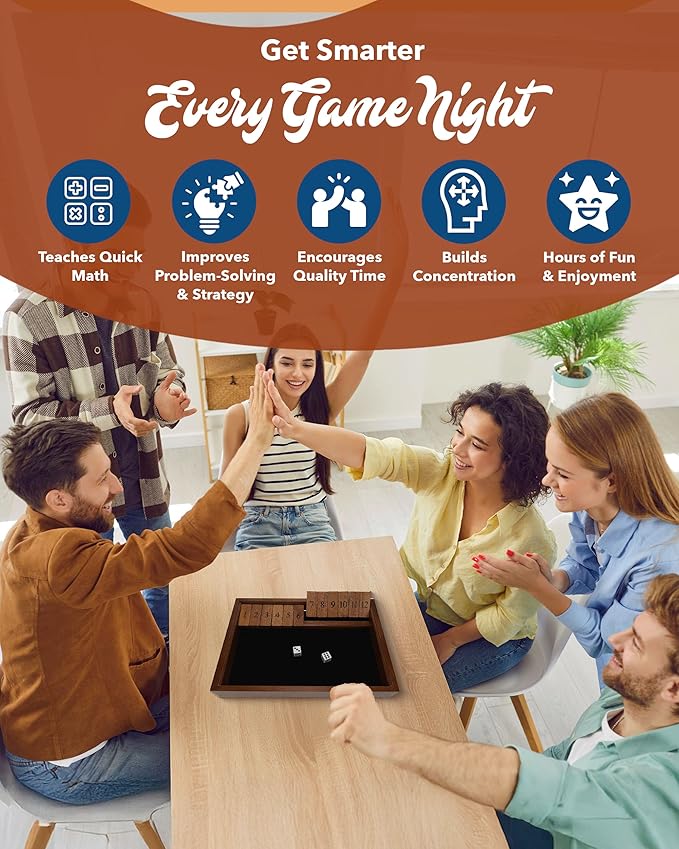 WE Games Wooden Shut The Box - Close The Box Set with 12 Number Tiles & 2 Dice Games - 13.5” Walnut Stained Finish