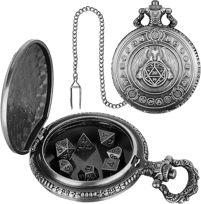 Mini DND Dice Set Dragon Pocket Watch Shell Case, 7pcs Polyhedral Metal D&D Dice Set, DND Gifts with Gift Box, D&D Gift, Role Playing Board Games Accessories, Dark Silver