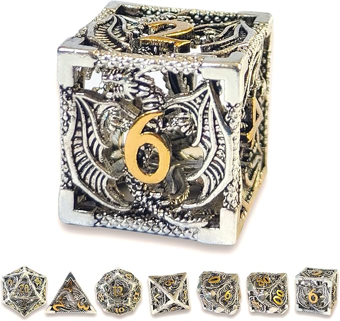Hollow Dragon Metal Dice,Unique Dungeons and Dragons Polyhedral Dice Set for D&D TRPG,MTG,Pathfinder,Table Board Roll Playing Games D4 D6 D8 D10 D% D12 D20 (Silver)
