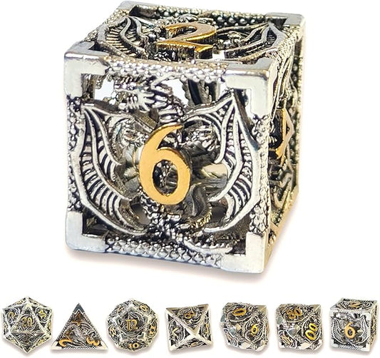 Hollow Dragon Metal Dice,Unique Dungeons and Dragons Polyhedral Dice Set for D&D TRPG,MTG,Pathfinder,Table Board Roll Playing Games D4 D6 D8 D10 D% D12 D20 (Silver)