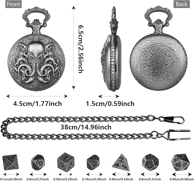 Mini DND Dice Set with Steampunk Double Eyed Octopus Pocket Watch Case, Tiny 7PCS Polyhedral Metal D&D Dice, DND Gifts with Gift Box, Role Playing Game Board Game Accessories Dice, Dark Silver