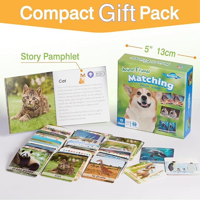 72 (36 Pairs) Spanish English Bilingual Animal Memory Matching Game with Reusable Custiomizable Cards,Instruction Language Learning Games for Kids -Early Education ESL and Language Immersion for Kids.