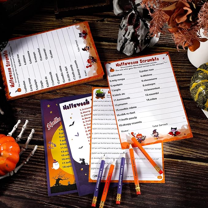Kathfly 120 Pcs Halloween Games for Adults Include 2 Sets 40 Halloween Games Cards 20 Answer Cards and 20 Pencils, Baby Shower Party Supplies Word Scramble for Adults Groups (Horrible)