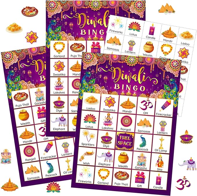 Liliful 35 Pieces Diwali Bingo Games 24 Players Diwali Bingo Cards Deepavali Party Favors Games for Family Gathering Classroom Activities Hindu Indian New Year Party Supplies