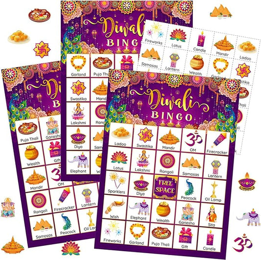 Liliful 35 Pieces Diwali Bingo Games 24 Players Diwali Bingo Cards Deepavali Party Favors Games for Family Gathering Classroom Activities Hindu Indian New Year Party Supplies