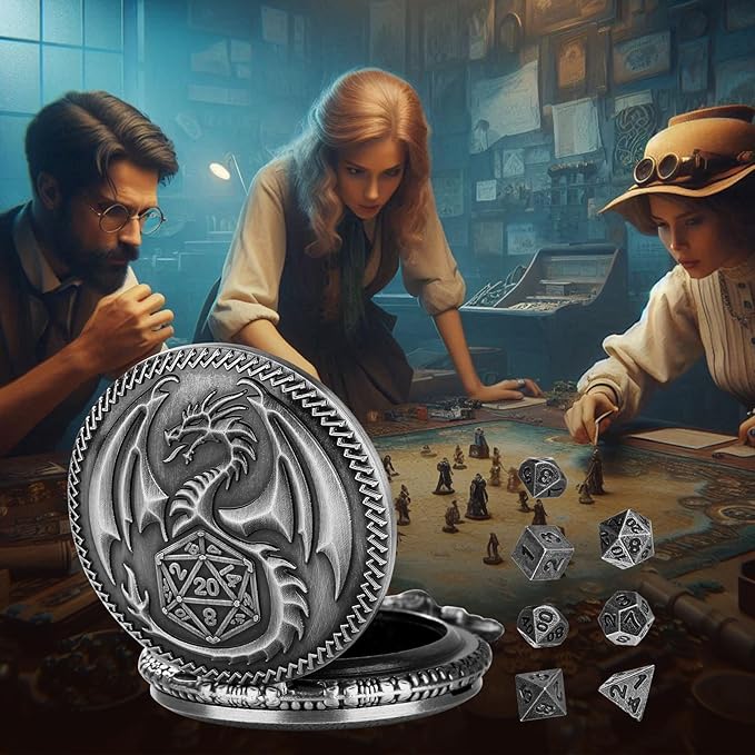 Mini DND Dice Set with Steampunk Dragon Pocket Watch Case, Tiny 7-Piece Polyhedral Metal D&D Dice, DND Gifts with Dragon Logo Gift Bag, Role Playing Game Board Game Accessories Dice, Silver