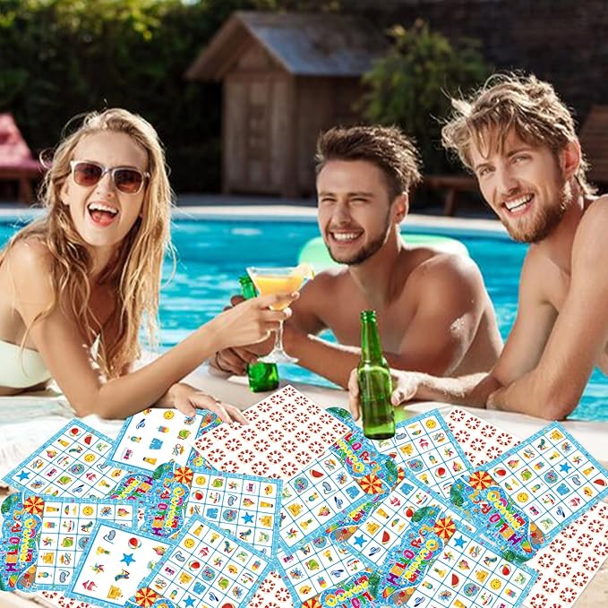 Pool Party Bingo Games for Kids Adults, 24 Players Summer Bingo Game Cards for School Classroom Family Activities Hawaiian Tropical Party Favors Supplies