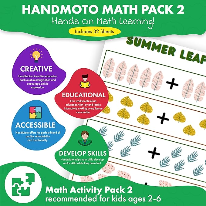 HANDMoto Math 2 Activity Pack – Educational Kids Activity Book for Preschool, Kindergarten, & Toddler Learning, Fun Math Workbook for Kids, Preschool Learning Activities for Children Ages 3-5