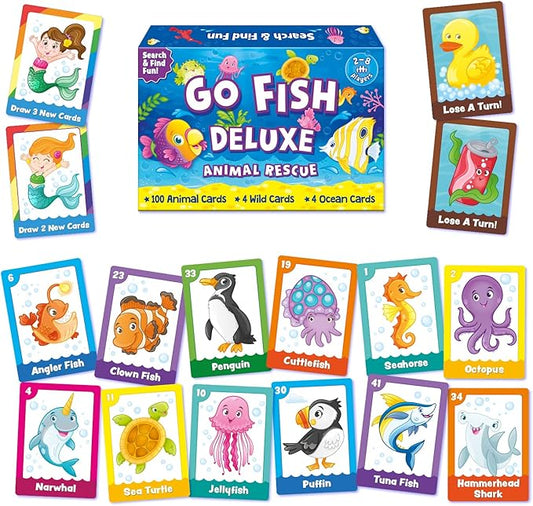 Go Fish Deluxe Animal Rescue! Family Card Game for Girls, Boys & Parents, Strategic Animal Matching Game, Play, Laugh & Learn Together, Ages 5 & Up! Fun at Home, School Travel Search & Find Game Play!