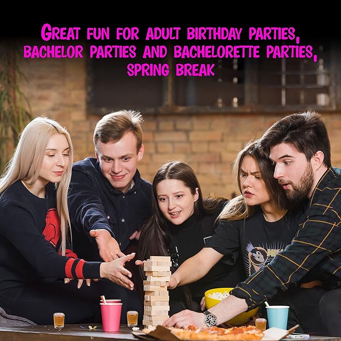 BETTERLINE Wooden Tower Stacking Blocks Drinking Game - 48 Pieces - Tumbling Tower for Adults - Friends Party Game, Bachelor Party, Bachelorette Party (60 Pieces w/Text)