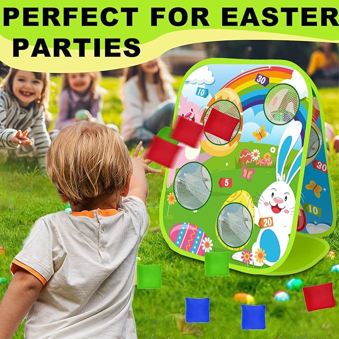 AMENON Carnival Bean Bag Toss Outdoor Games, Double Sided Bunny Eggs Cornhole Board, Easter Carnival Games for Kids Toddler Family Lawn Party Birthday Cornhole Toy with 6 Bean Bag & 4 Stake