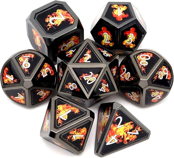 Haxtec Fire Bolt Real Scene Metal DND Dice Set Black Polyhedral Metal Dice for D&D Dungeons and Dragons Gifts TTRPG Games-Dark Fire