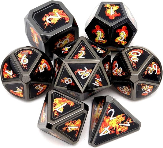 Haxtec Fire Bolt Real Scene Metal DND Dice Set Black Polyhedral Metal Dice for D&D Dungeons and Dragons Gifts TTRPG Games-Dark Fire
