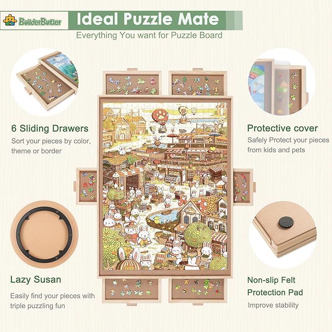 1500 Pieces Rotating Puzzle Board with 6 Drawers,34.25"x25.2" Portable Wooden Jigsaw Puzzle Table with Lazy Susan Spinning Cover