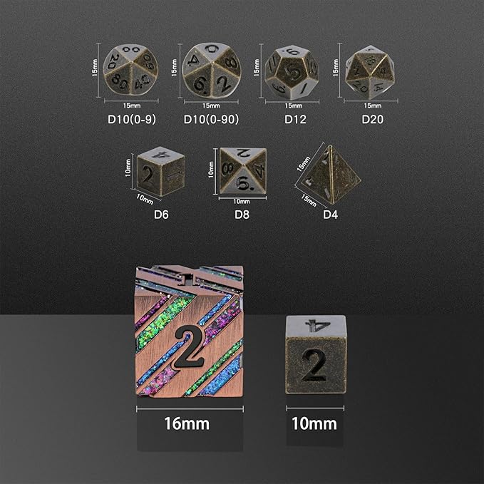 Mini D&D Dice Metal,DNDND 10mm Metallic D&D Dice Set with Gorgeous Gift Dice Box for Dungeons and Dragon DND Game (Brass)