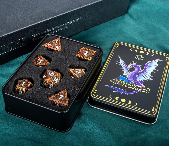 ARUOHHA 7PCS DND Metal Dice Set Antique Gold Blood Polyhedral Dice Set with Gift Box, RPG Role Playing Dice 6 Sided D and D Dice D20 D12 D10 D8 D6 D4