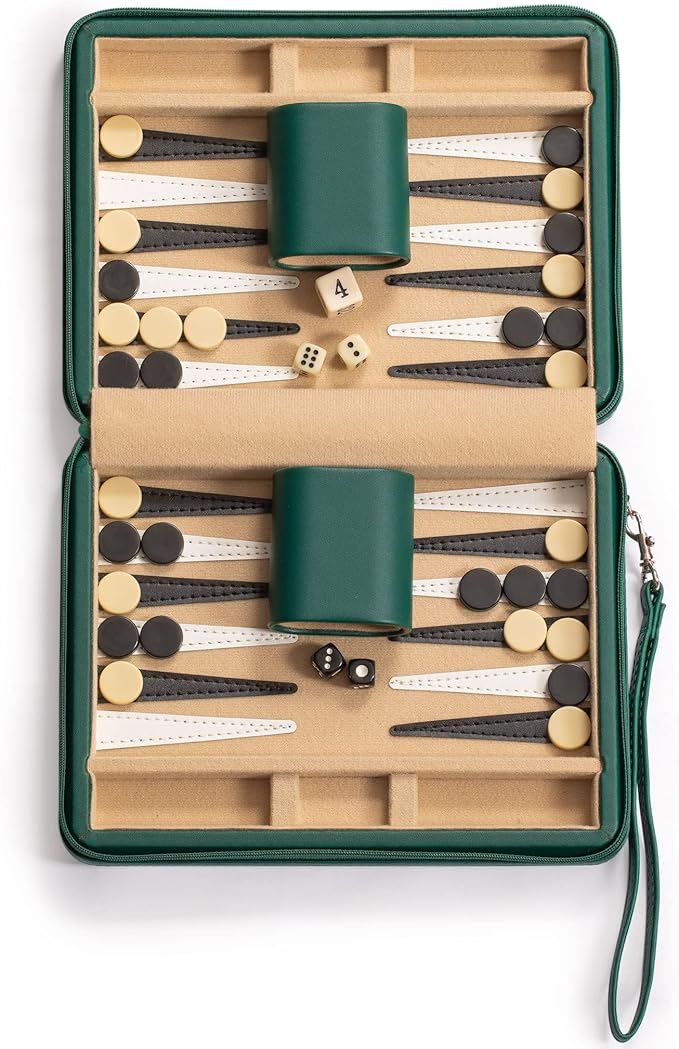 Yellow Mountain Imports Travel Size Backgammon Mini Game Set, Izmir - Magnetic Checkers and 9-inch Board in Sleek Leatherette Case - Classic Strategy Board Game