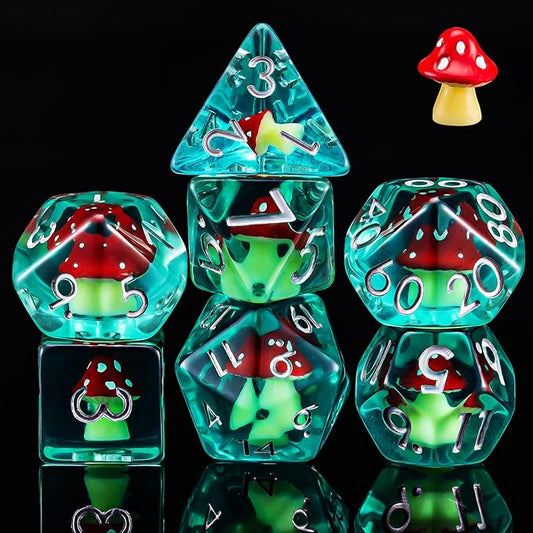 DND Resin Mushroom Dice Set, D&D Polyhedral Dice for Dungeons and Dragons RPG, MTG Role Playing Games D and D Dice 7pc D20 D12 D10 D8 D6 D4