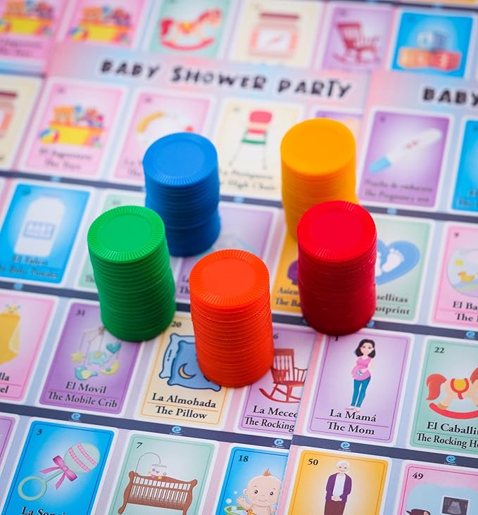 Baby Shower Bingo Kit - Bilingual English Spanish, for 20 Players - Includes 1 Deck of Cards and Boards - with 100 Bingo Chips - Juegos para Baby Shower en Español - Great for Learning Spanish.