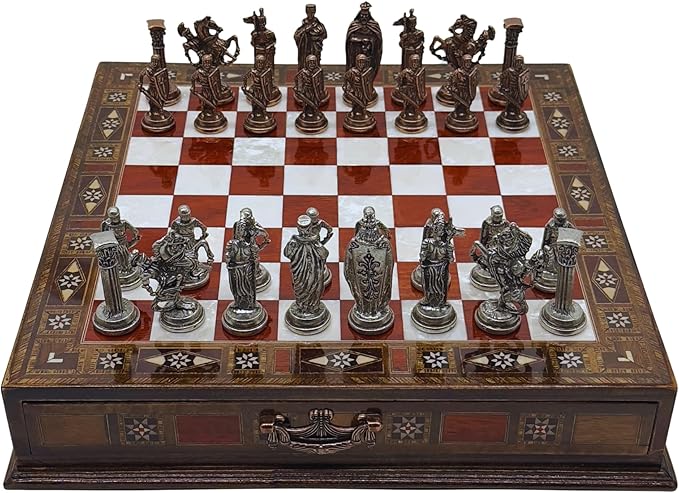 15’’ Handmade Chess Set with British Army Metal Chess Pieces, Luxury Storage Chess Board, for All Ages, Ideal for Father, (Rose)