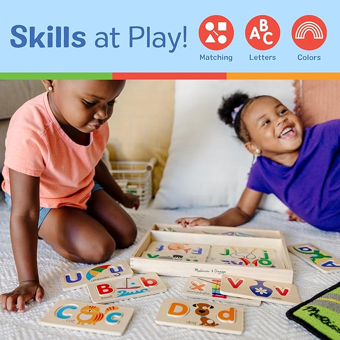 Melissa & Doug ABC Picture Boards - Educational Toy With 13 Double-Sided Wooden Boards and 52 Letters , White