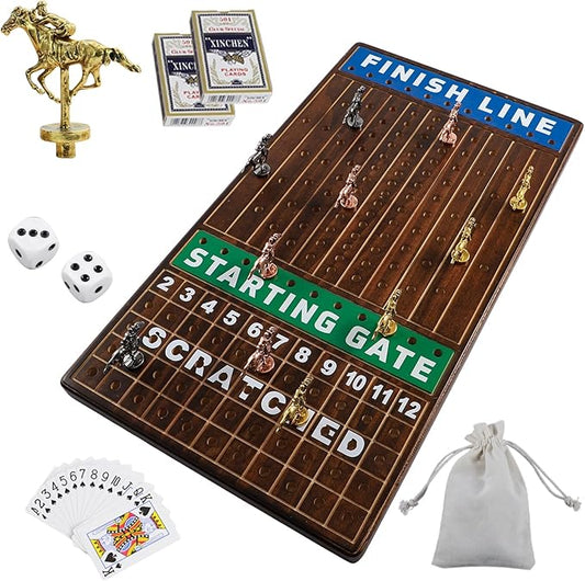 21 in Large Horse Racing Board Game Comes with 11 Luxurious Metal Horses, 2 Dice and 2 Boxes of Cards Solid Wood Horse Racing Board Color Box Packaging Finish Line Game Horse Racing Set(Burnt Color)