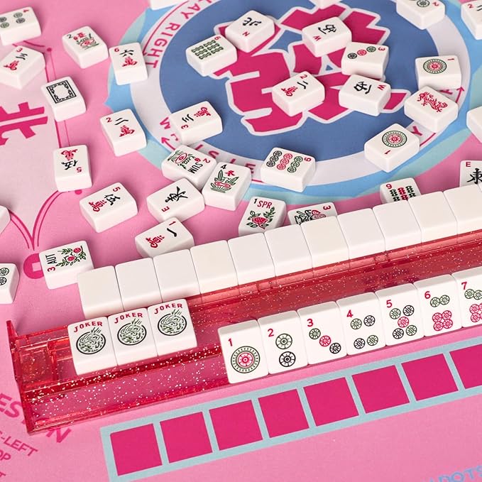 Pink Mahjong Learning Mat with Black Carrying Bag, Anti-Slip, Noise-Reducing Table Cover for Mahjong, Board Games, Tile Games and Card Games (33” x 33”)