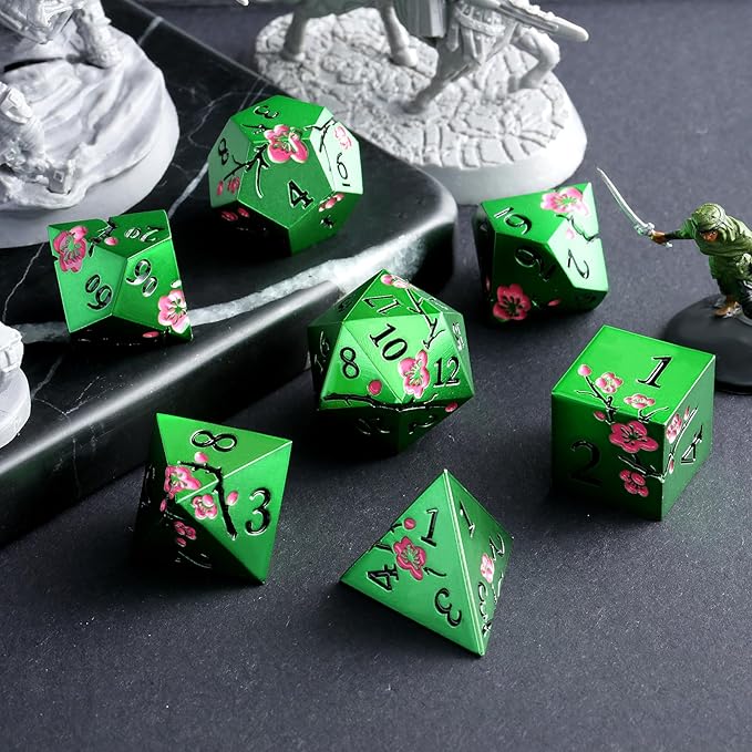 Matt Green Metal Dice Set, DNDND 7 PCS Heavy Metallic D&D Dice Set with Gorgeous Gift Case for Dungeons and Dragon Tabletop Game (Matte Green with Pink Flower)