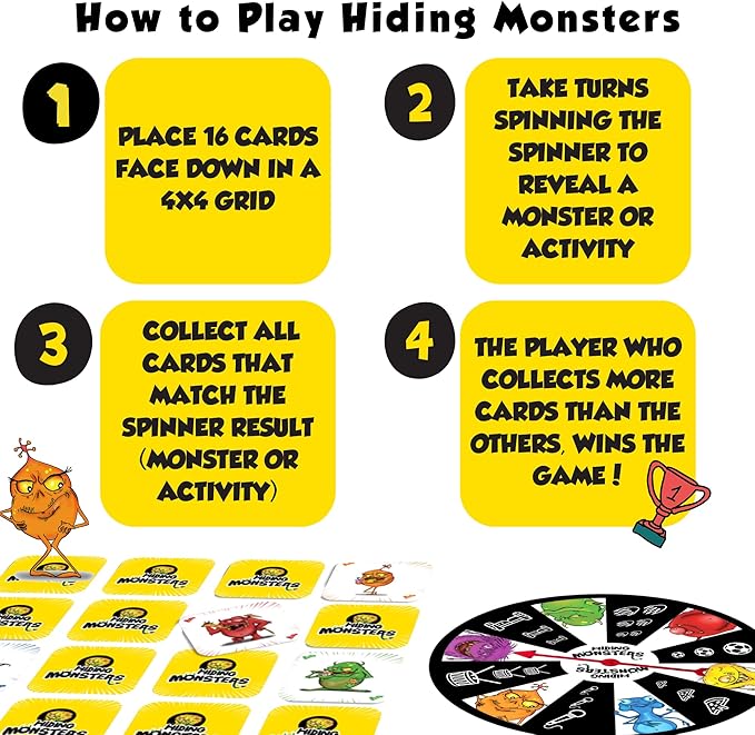 Hiding Monsters Memory Card Game for Kids with a Spinner Wheel - Fun and Easy-to-Play. Matching Memory Game for Kids 4-8 and 8-12 for Boys and Girls