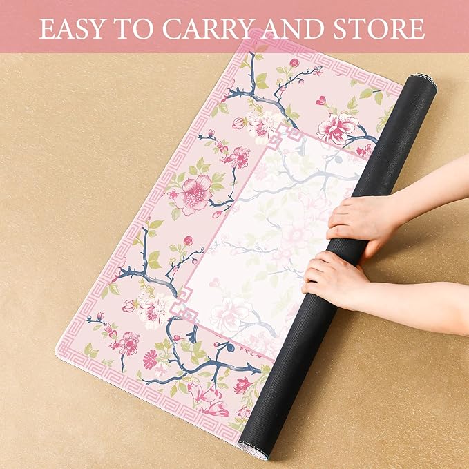Chinoiserie Mahjong Mat with 1 Carrying Bag 31.5" x 31.5" Pink and White Rubber Anti Slip and Noise Reduction Multi Purpose Game Table Cover for Mahjong, Card, Board Tile Games