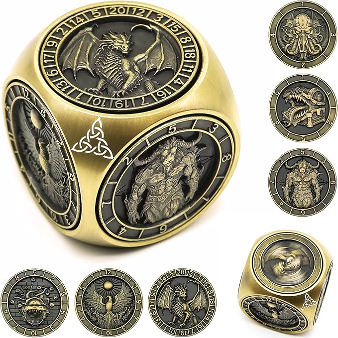 DND Spinner Dice, 7 in 1 Unique Metal Dice Set with 3D Relief for Dungeons and Dragons Gifts, Cool Polyhedral Role Playing Game Dice, Fantasy D&D Tabletop RPG Accessories for DM & Player (Bronze)