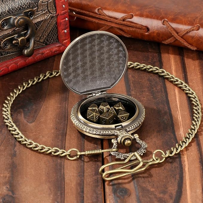 Mini DND Dice Set with Steampunk Dragon Pocket Watch Case, Tiny 7-Piece Polyhedral Metal D&D Dice, DND Gifts with Gift Box for DND Lovers, Role Playing Game Board Game Accessories Dice, Bronze