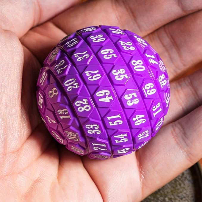 100 Sided Polyhedral Dice, Single D100 Game Dice, 100 Sided Cube with Black Pouch, D100 die 48 mm (Opaque Purple with White Number)