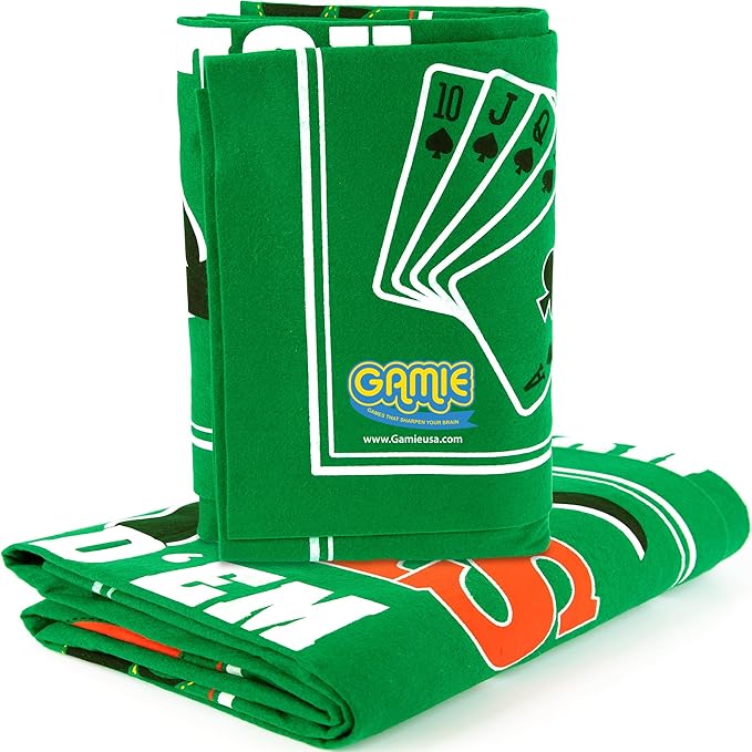 Gamie Double Sided Felt Casino Mat, 36” x 72” for Blackjack & Texas Hold’em Poker, 2-in-1 Texas Holdem Poker Mat & Blackjack Mat, Professional Grade Poker Tabletop Mat with Instructions Booklet
