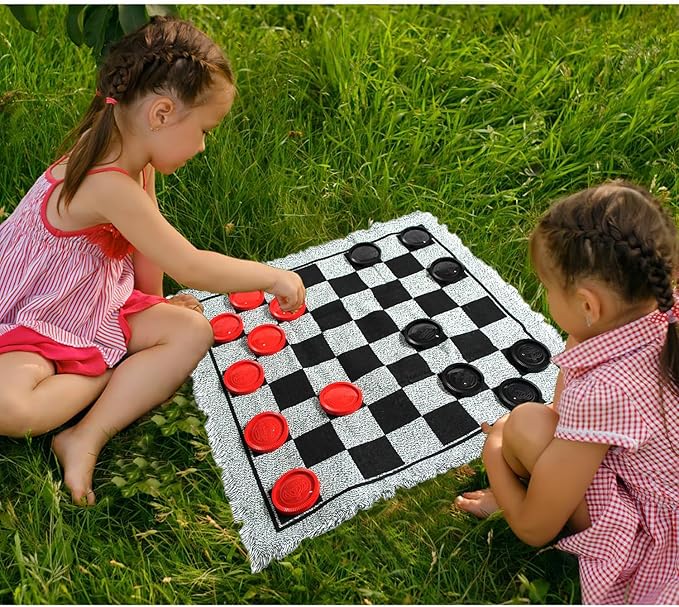 3-in-1 Vintage Giant Checkers and Tic Tac Toe Board Draughts Reversible Rug Game, Big Checker Floor Game Mat, Family Board Game, Lawn Game, BBQ Party Favor, Indoor and Outdoor