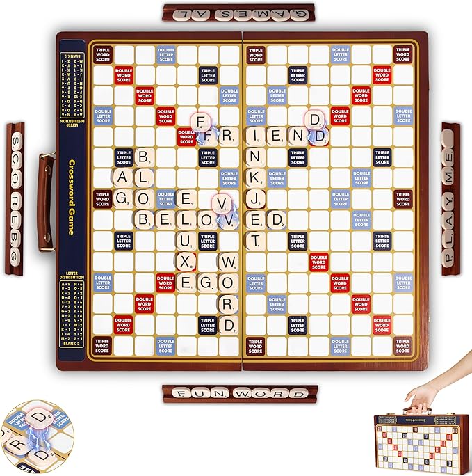 Crossword Game with Magnetic Letter Tiles, Foldable Board into Portable Carry Case, Luxury Edition Word Building Game with Rotating Wooden Board, Educational Family Game for 2-4 Players