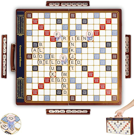 Crossword Game with Magnetic Letter Tiles, Foldable Board into Portable Carry Case, Luxury Edition Word Building Game with Rotating Wooden Board, Educational Family Game for 2-4 Players