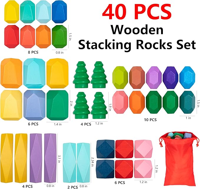 40 Pcs Wooden Stacking Rocks & Sensory Learning Toys for Ages 3-9 | Develops Motor Skills & Creativity for Girl or Boy - Stacking Blocks for Birthday Gift
