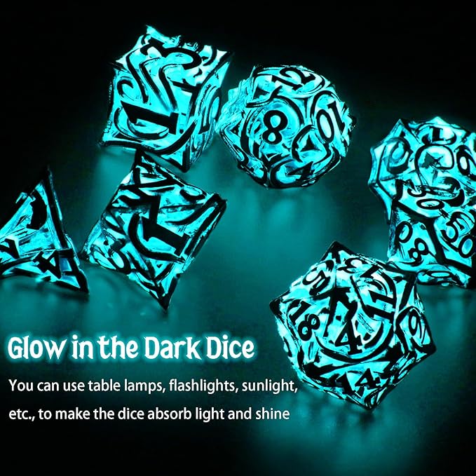 Glow in The Dark DND Dice Metal for Dungeons and Dragon 7 Polyhedral Dice Set Hollow Metal Vine D&D RPG Dice for Role Playing Game (Vine Glow Blue)