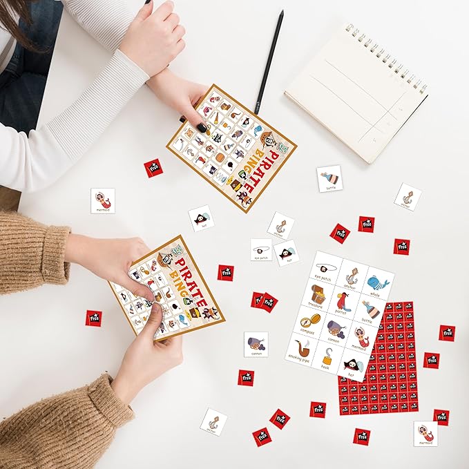 Pirate Party Bingo Card, Pirate Ship Adventures Bingo Game for Adults Family Friends, Pirate Party Favors Decorations, Pirate Games for Birthday Party, Holiday Games for 24 Players -06