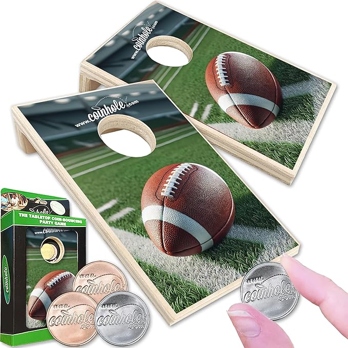 Desktop Coin Bouncing Party Set | Tabletop Cornhole Board | Small Travel Game Includes Coins