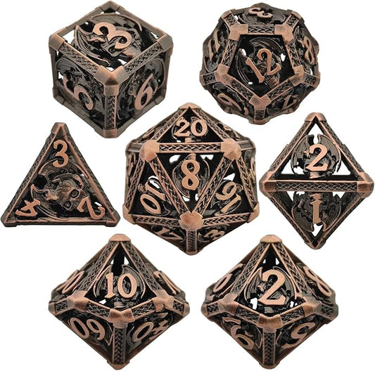 DND Dice Set D&D 7pcs Metal Hollow Dungeons and Dragons Polyhedron with Dice Bag Gift RPG MTG Role Playing Pathfinder Card Table Games D20 D12 D10 D% D8 D6 D4 Accessories-Red Copper