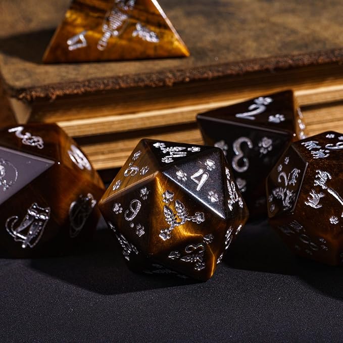 UDIXI Gemstone Dice Set D&D Tiger's Eye Stone Dice with Gift Case for Dungeons and Dragons Tabletop Game