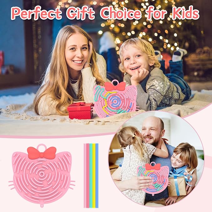 Silicone Sensory Activity Board,Double-Sided Busy Board for Fine Motor Skill,Fidget Toy for Calming, Stress, Anxiety, ADHD , Autism , Silent, No Mess , Kids 3+ & Adults(Cat,Pink)