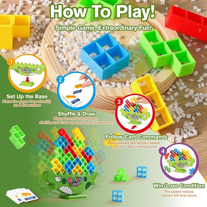 Stacking Balance Game for Kids & Adults - 3D Colorful Dinosaur Blocks 48PCS, Fine Motor Skill Development Toy, Retro Block Puzzle-Inspired Board Game, Gift for Ages 3+